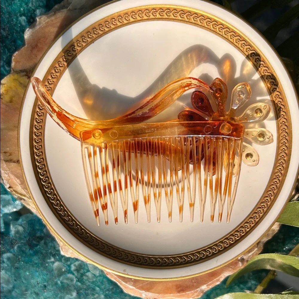 Vintage Tortoiseshell Celluloid Hair Comb w Flower & Rhinestones